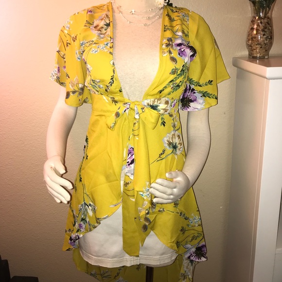 Boutique Yellow Floral Hi Low Duster Maxi Top Dress - Picture 4 of 9
